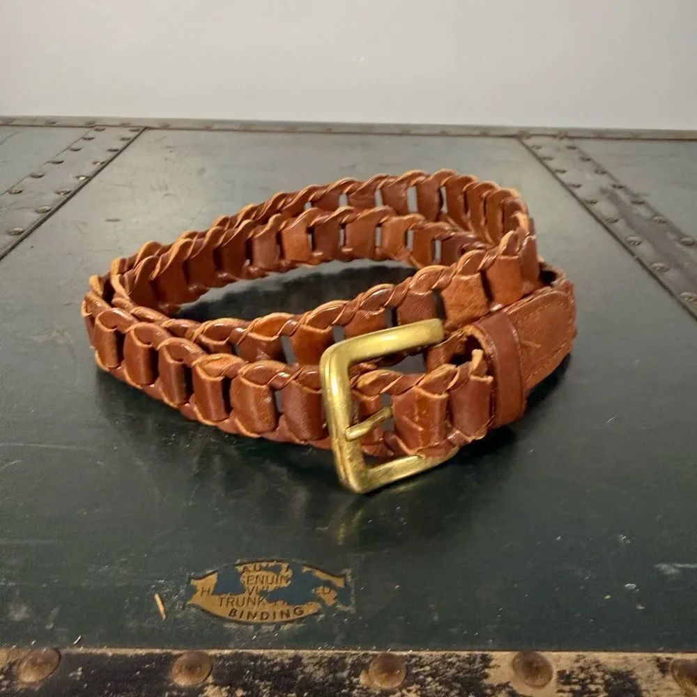 Vintage Brown Leather Woven BeltโSolid Brass Buckle Unisex Size S/M